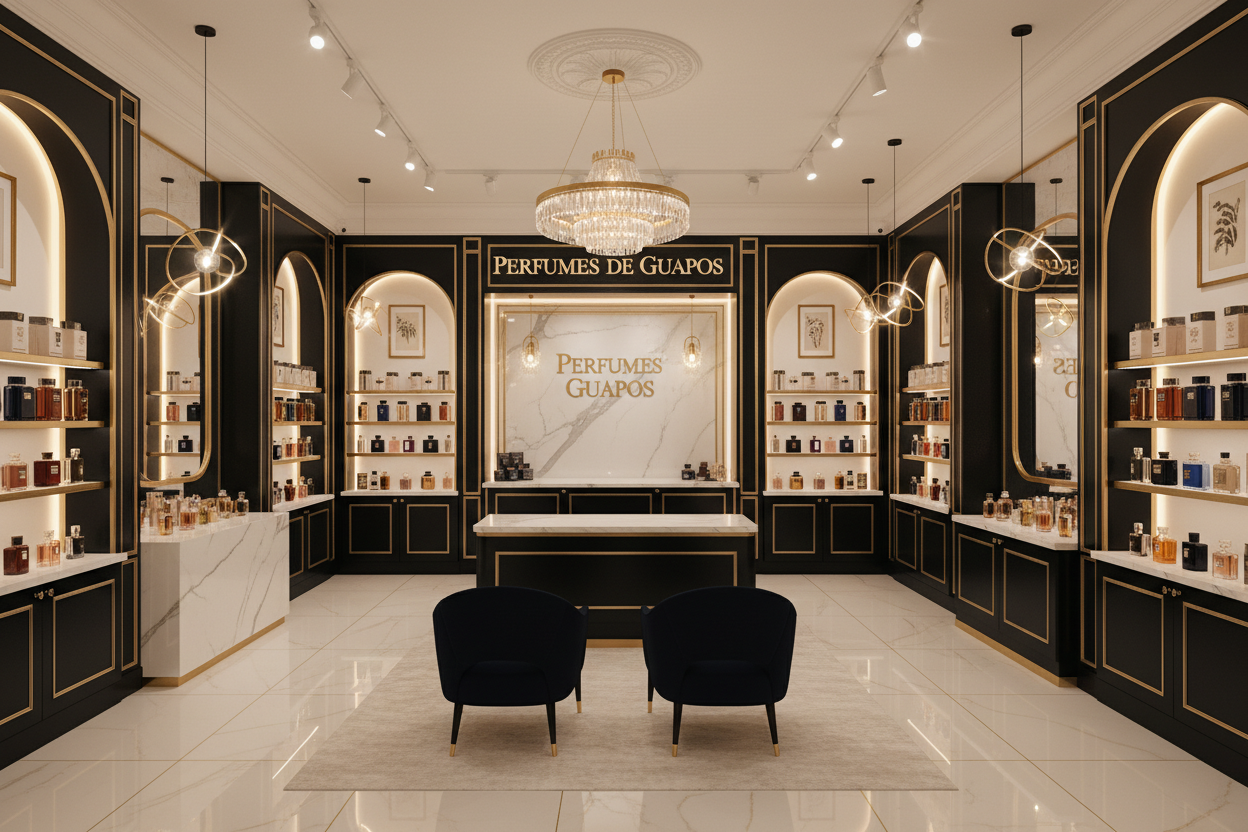 QUIERO UNA IMAGEN DE UNA TIENDA DE PERFUMES ELEGANTE CON EL NOMBRE DE PERFUMES DE GUAPOS